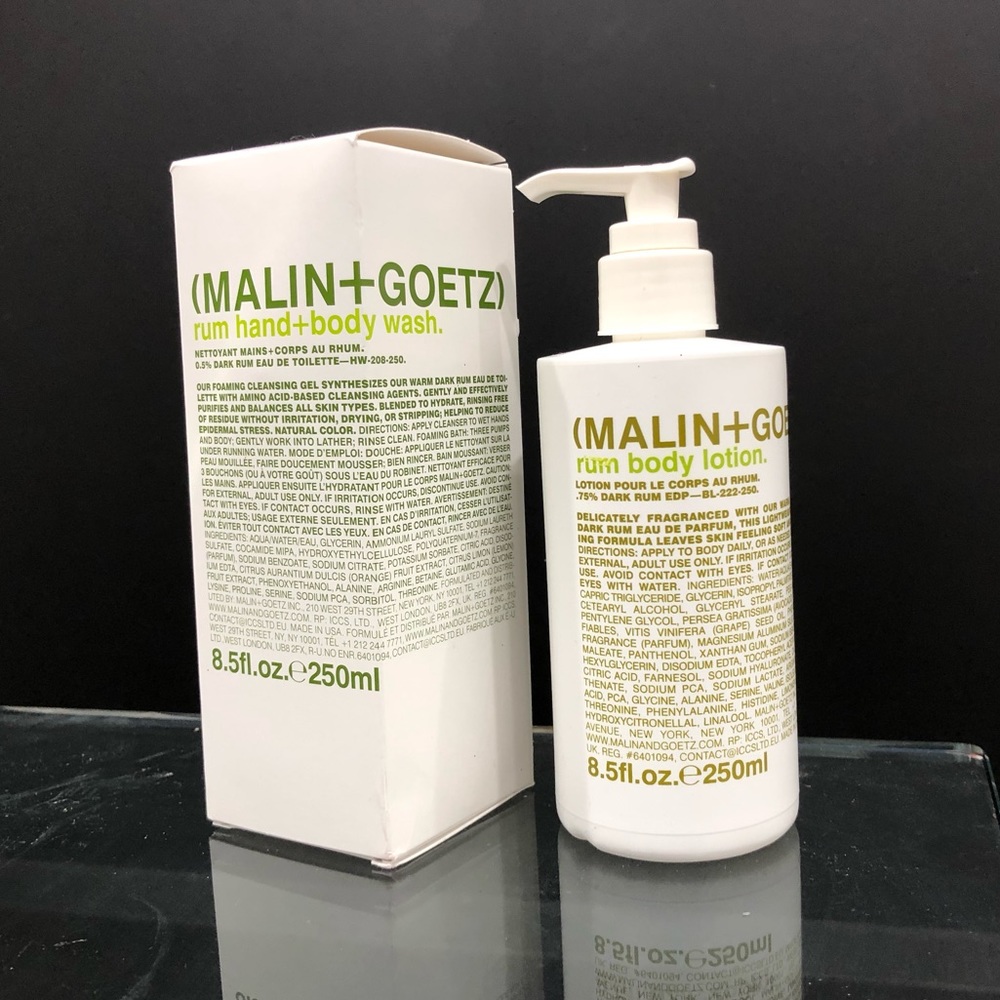Malin + Goetz rum body wash & lotion